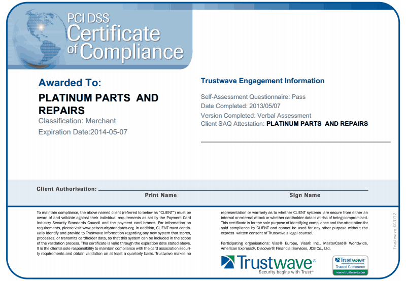 Platinum Repairs PDI Certificate